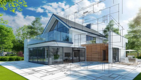 Bild-1-Flexi Einfamilienhaus mit stilistischem Overlay eines gezeichneten Grundrisses.