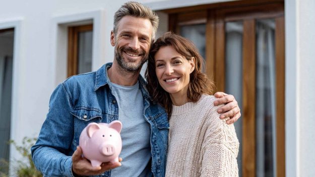 Lächelndes Paar mit rosa Sparschwein vor Hausfront.