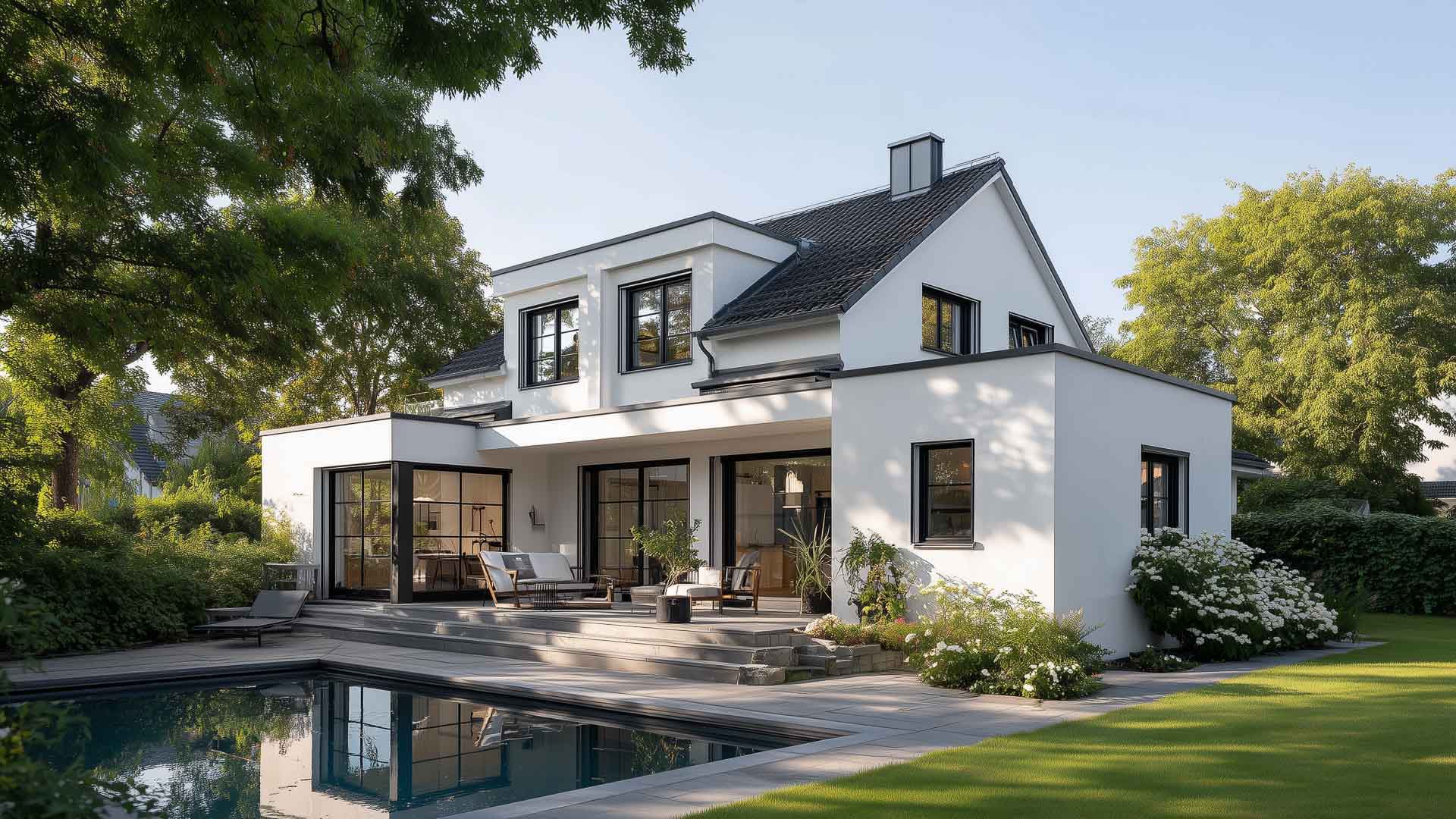 Alleinstehendes Haus mit großen Fenstern, Garten und Pool.
