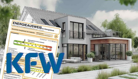 Bild-1 Grafik eines Energieausweises vor Einfamilienhaus.