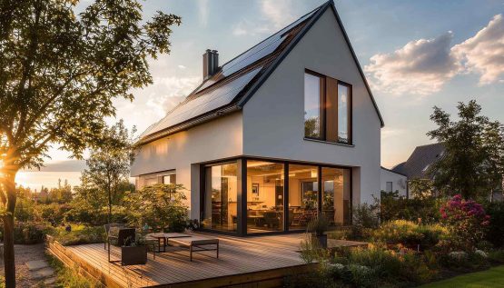 Bild-2_null Nullemissionshaus mit Solaranlagen auf dem Dach und üppig bewachsenem Garten.