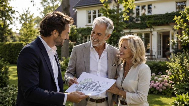 Immobilienberater und Ehepaar stehen vor Altbau-Haus.
