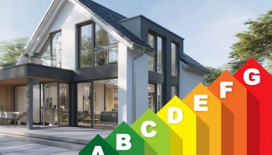 Neuer-Energieausweis-1 Modernes Einfamilienhaus mit großen Fensterflächen und farbiger Energieeffizienzskala von A bis G im Vordergrund.