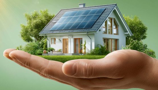 Neuer-Energieausweis-2 Kleines Einfamilienhaus mit Solaranlage auf dem Dach liegt symbolisch in einer schützenden Hand vor grünem Hintergrund.
