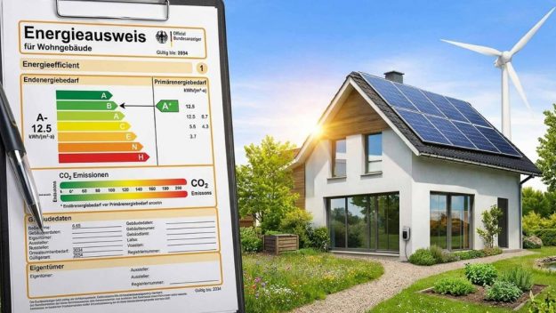 Energieausweis für Wohngebäude mit Effizienzklasse A+ neben modernem Einfamilienhaus mit Solaranlage und Windrad im Hintergrund.