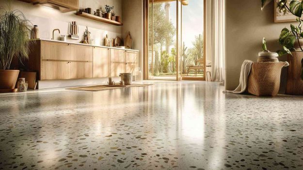 Terrazzo-Boden in einer hellen Küche mit mediterranem Flair.
