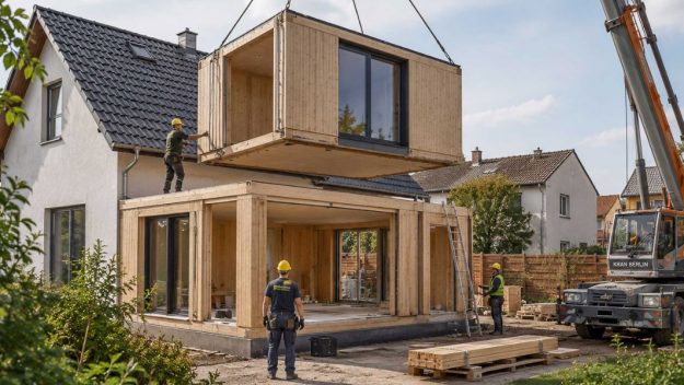 Modulares Holzhaus wird mithilfe eines Krans aus vorgefertigten Raummodulen auf einer Baustelle montiert