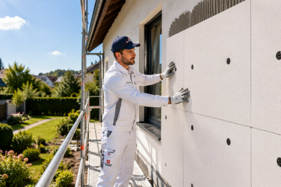 Handwerker montiert Wärmedämmplatten an einer Hausfassade zur Verbesserung der thermischen Gebäudehülle im Rahmen einer energetischen Fassadendämmung