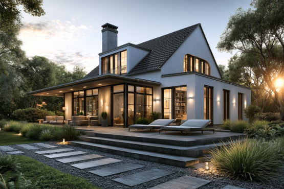 Modernes Einfamilienhaus mit hochwertiger Wärmedämmung und energieeffizienter thermischer Gebäudehülle als Beispiel für nachhaltiges und energieeffizientes Bauen.