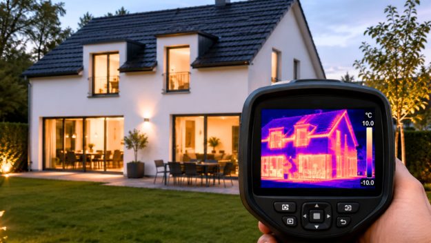 Wärmebildkamera zeigt Wärmeverluste an einem Einfamilienhaus und macht die Bedeutung einer gut gedämmten thermischen Gebäudehülle für die Energieeffizienz sichtbar