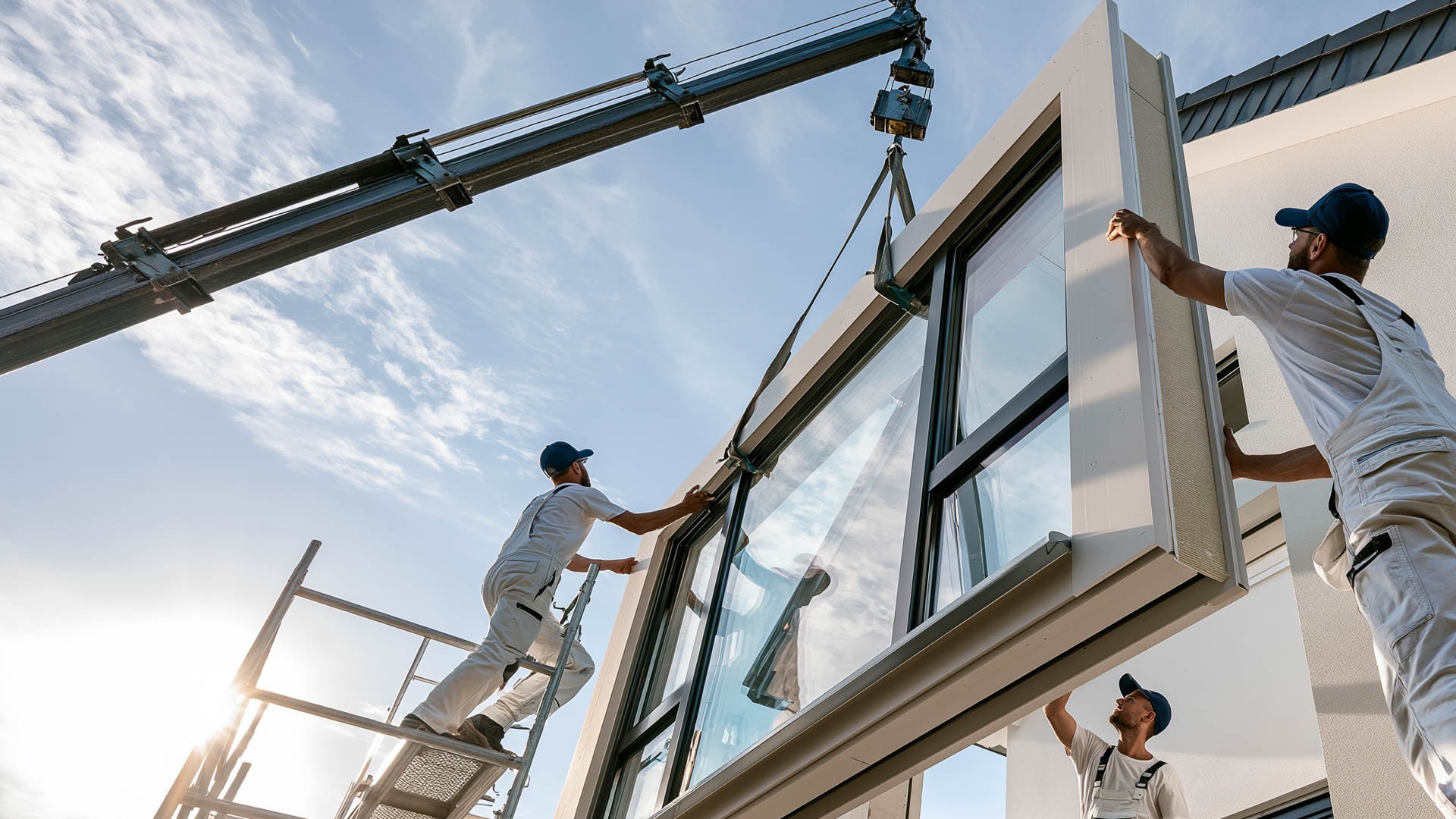 Handwerker bauen mit Kran Fenster in Haus ein.