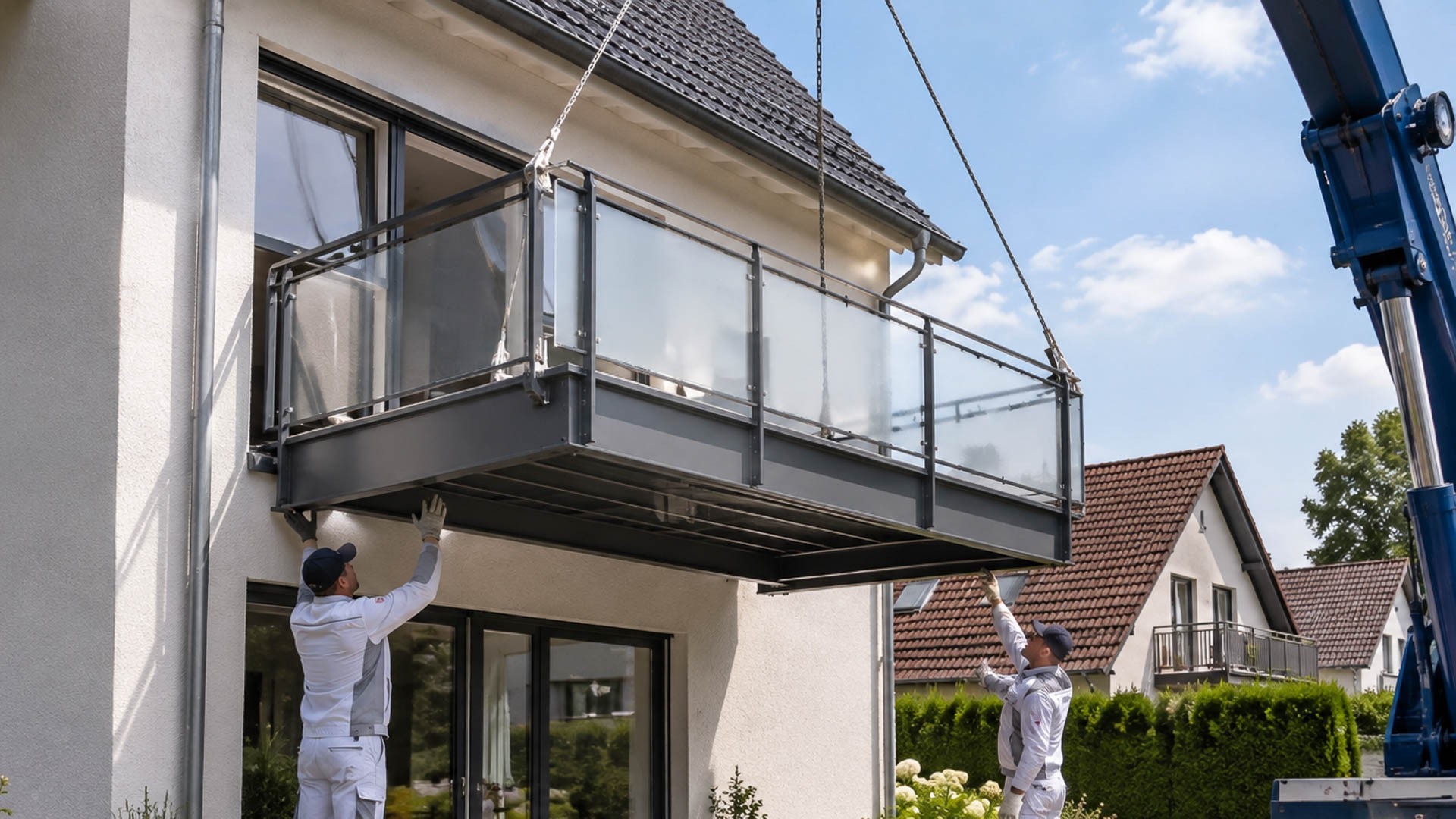 Handwerker bauen mit Kran Balkon an Einfamilienhaus an.