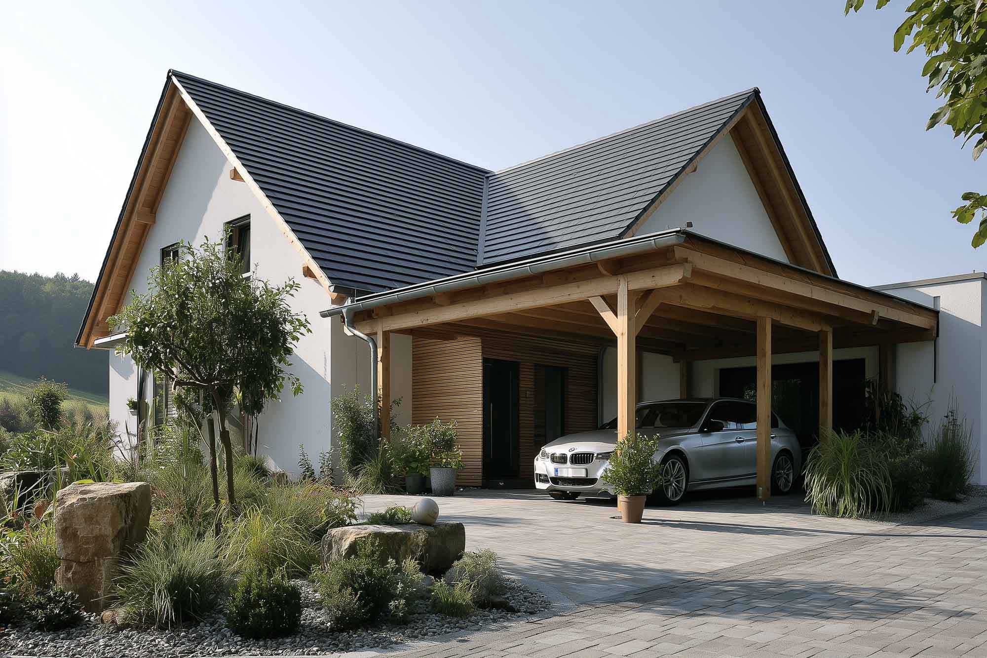 Haus mit angebautem Carport mit Schleppdach.