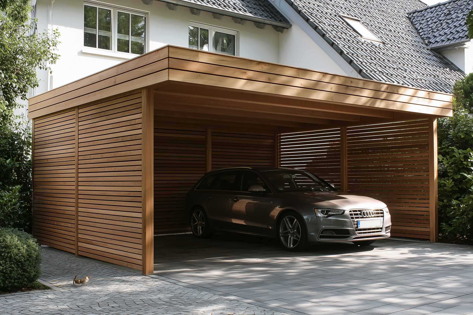 Auto in einem Carport mit Schleppdach.