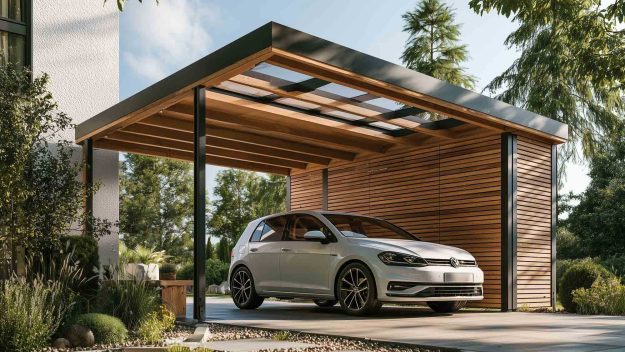 Hölzerner Carport mit Schleppdach.