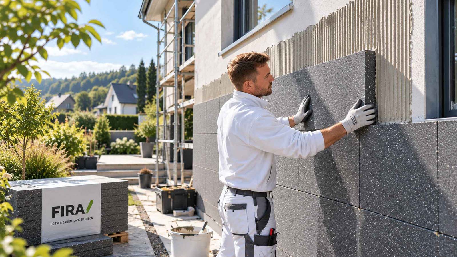 Handwerker installiert Dämmung an Außenwand eines Neubaus.