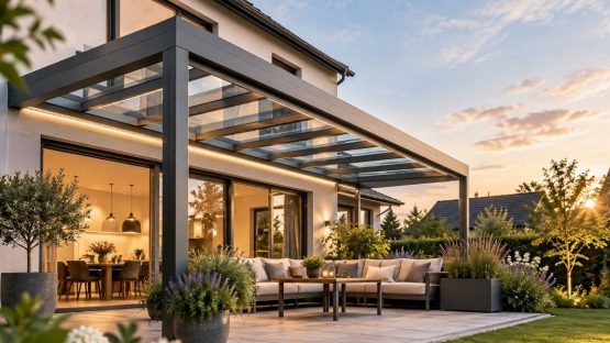Moderne Terrassenüberdachung aus Aluminium und Glas an einem Einfamilienhaus mit beleuchteter Terrasse und Garten