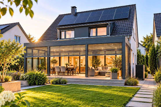 Moderne Terrassenüberdachung mit Lamellenelementen an einem Einfamilienhaus mit Photovoltaikanlage und Garten