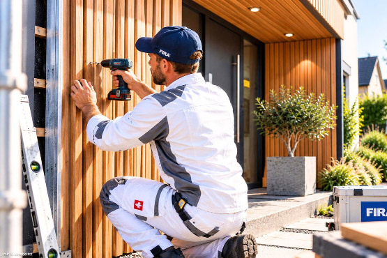 Handwerker montiert mit einem Akkuschrauber Holzelemente an der Fassade eines modernen Einfamilienhauses